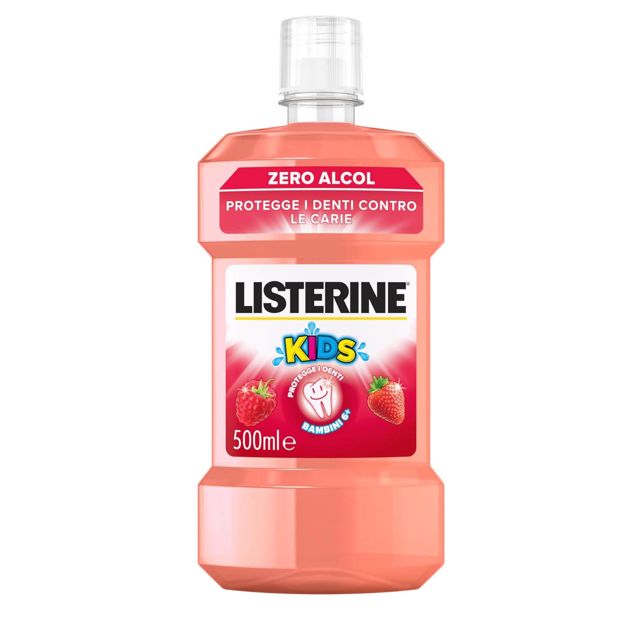 LISTERINE Smart Rinse Kids, Collutorio bambini 0% alcol ai Frutti Rossi, Collutorio senza alcool con formula al 95% di origine naturale protegge i denti contro le carie, per i bambini 6+, 500 ml