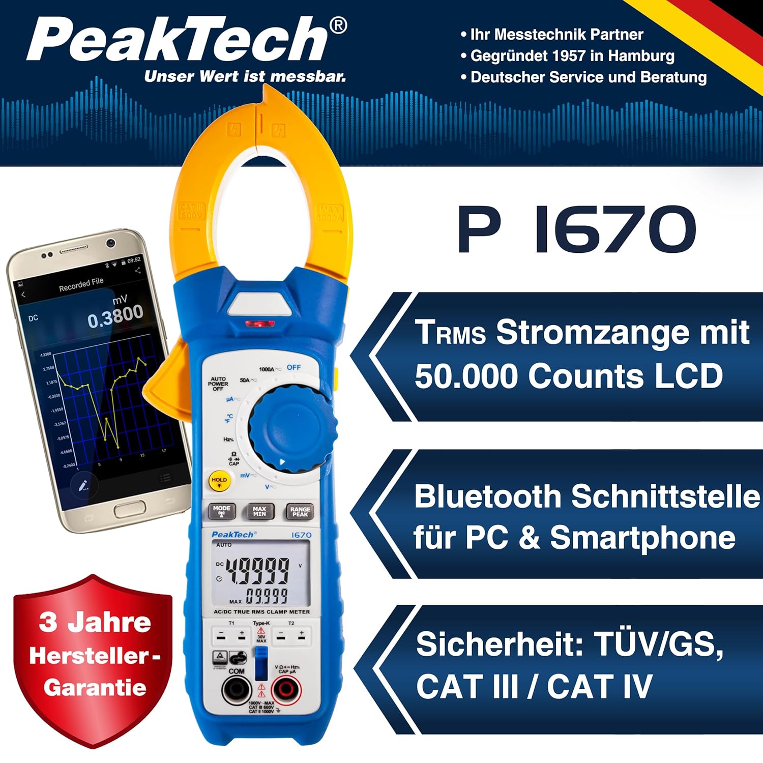Peaktech 1670 - Pinza Amperometrica RMS con Bluetooth 4 - immagine 2