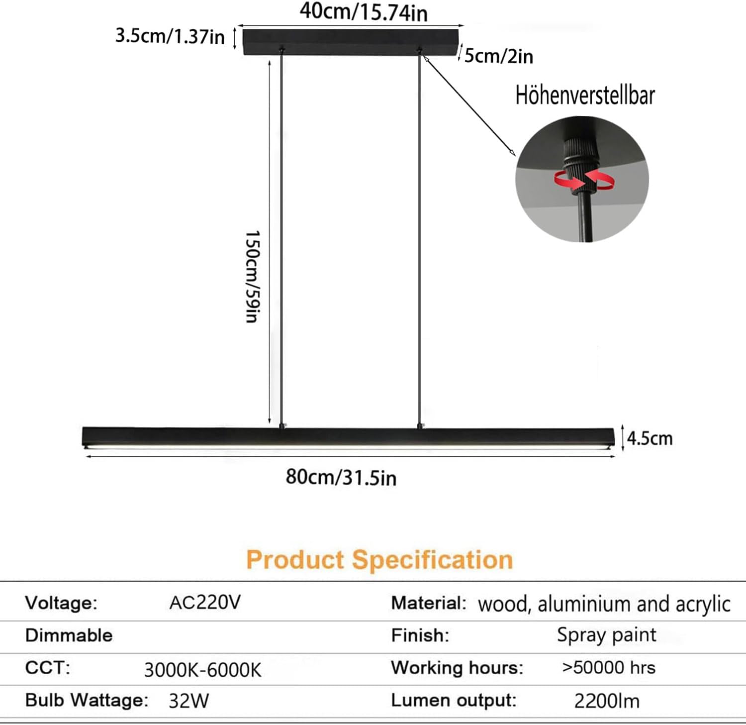 Lampada a Sospensione LED da Tavolo da Pranzo 80cm, Nera - immagine 7