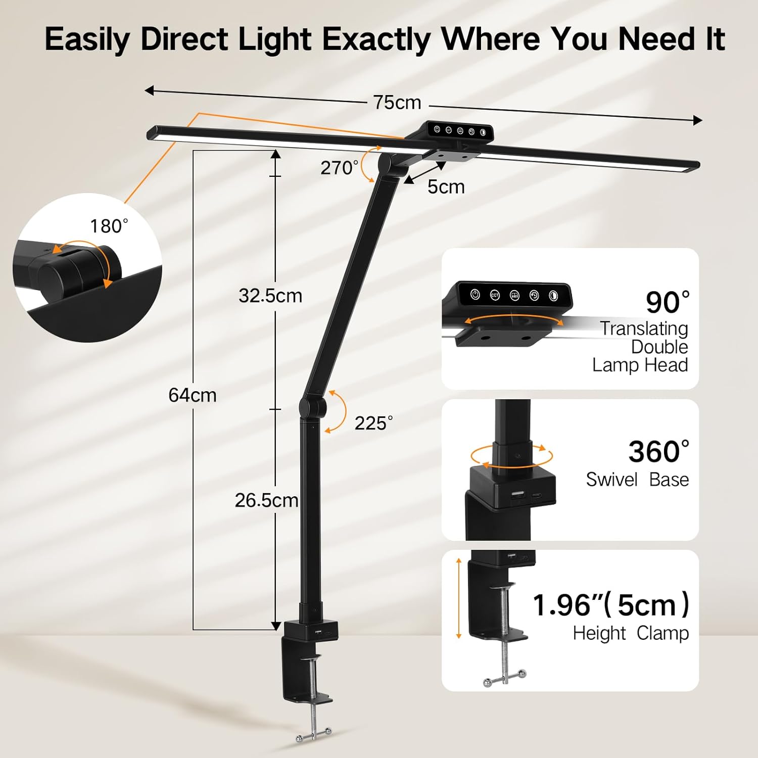 Outon Lampada da Scrivania LED Doppia Testa, Nera - immagine 4