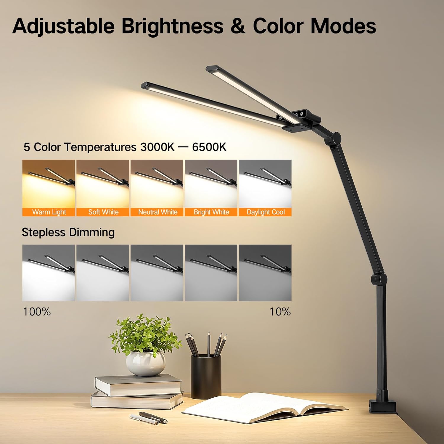 Outon Lampada da Scrivania LED Doppia Testa, Nera - immagine 5