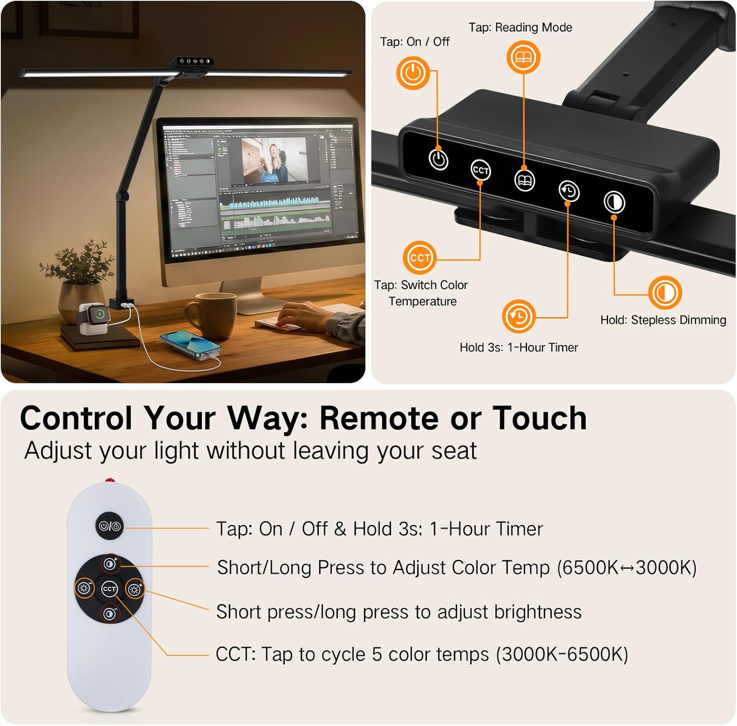 Outon Lampada da Scrivania LED Doppia Testa, Nera - immagine 6