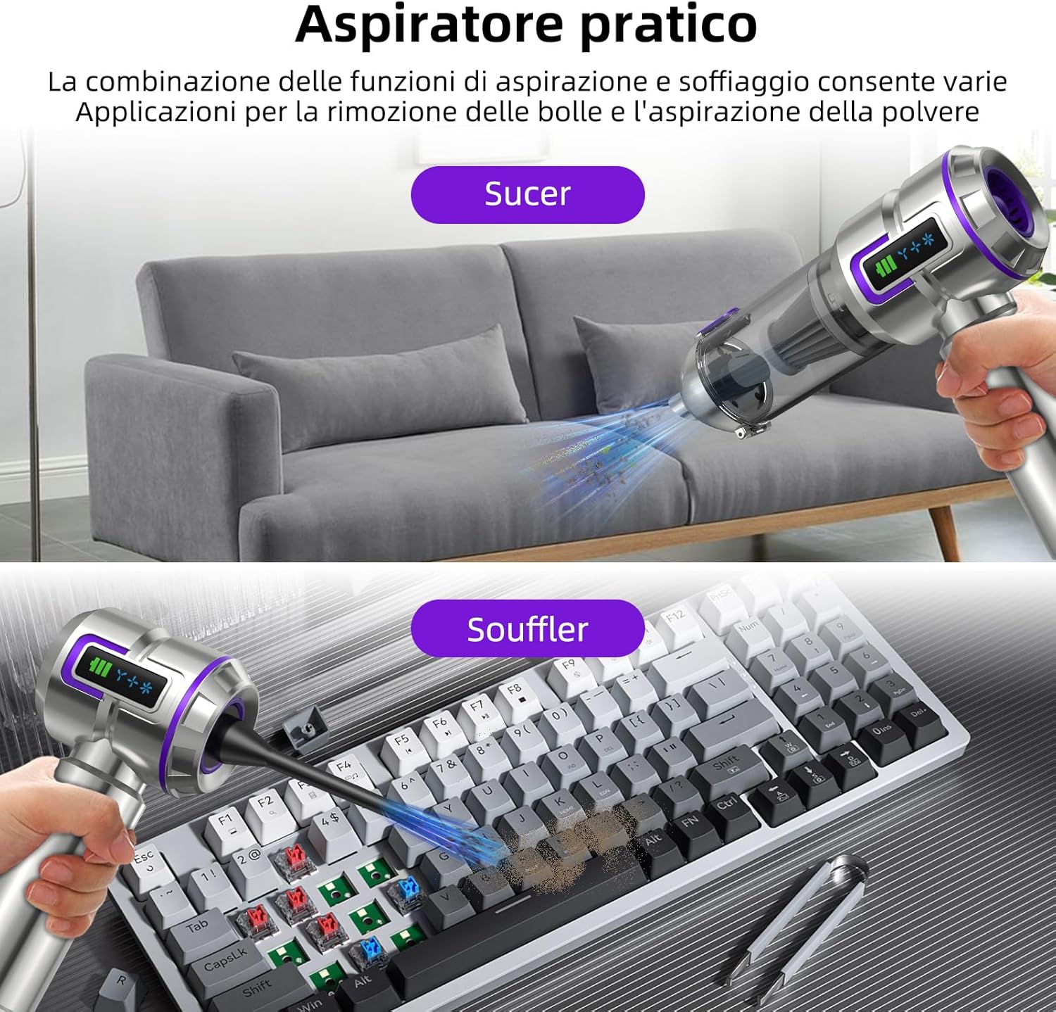 Aspirabriciole Senza Fili 25000Pa 4-in-1, Argento - immagine 4