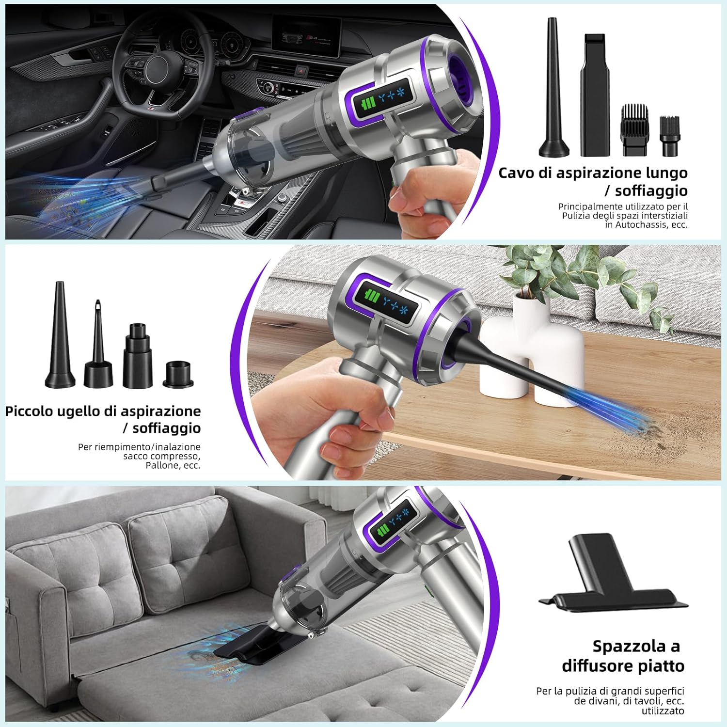 Aspirabriciole Senza Fili 25000Pa 4-in-1, Argento - immagine 6