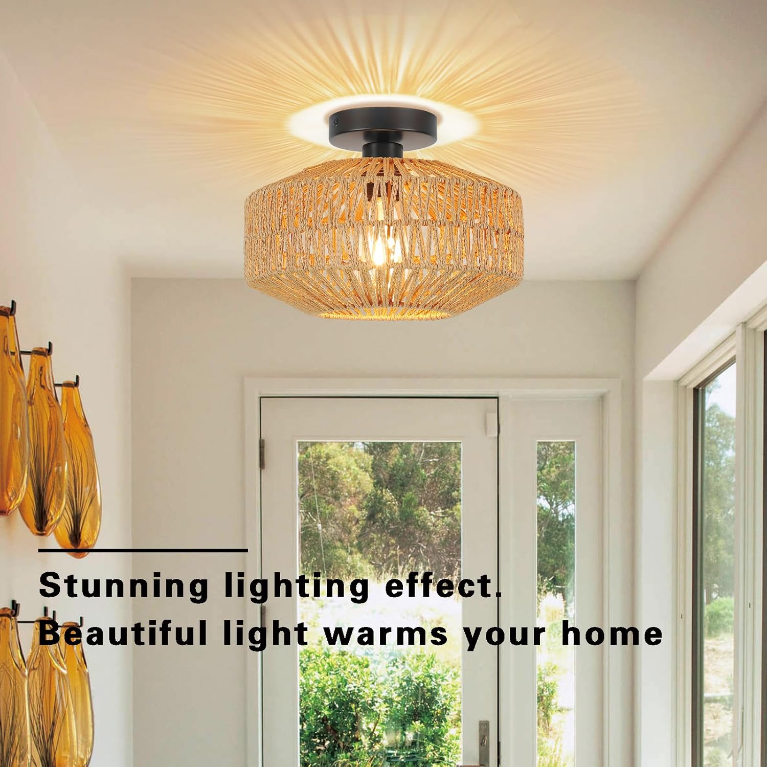 Plafoniera Soffitto Rattan Intrecciato Vintage Boho E27 - immagine 6