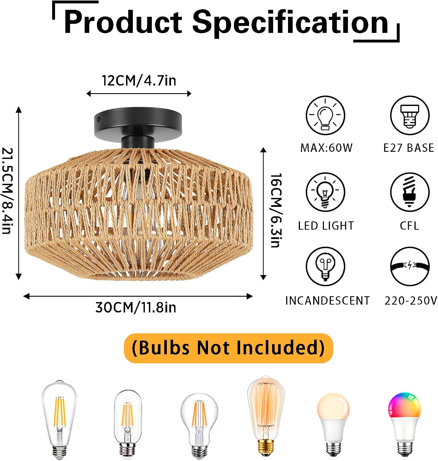 Plafoniera Soffitto Rattan Intrecciato Vintage Boho E27 - immagine 7