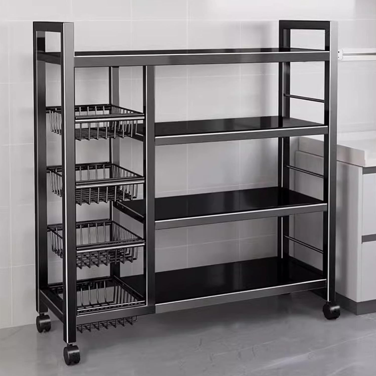 Rack di Stoccaggio in Metallo 4 Strati con Rulli, Nero