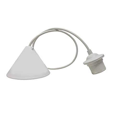 Pendente E27 Bianco | Rosone Conico per Lampade con Attacco E27 | Cavo 80cm | Con Fermo e Anello per Sostegno Paralume | Fabbricazione Italiana