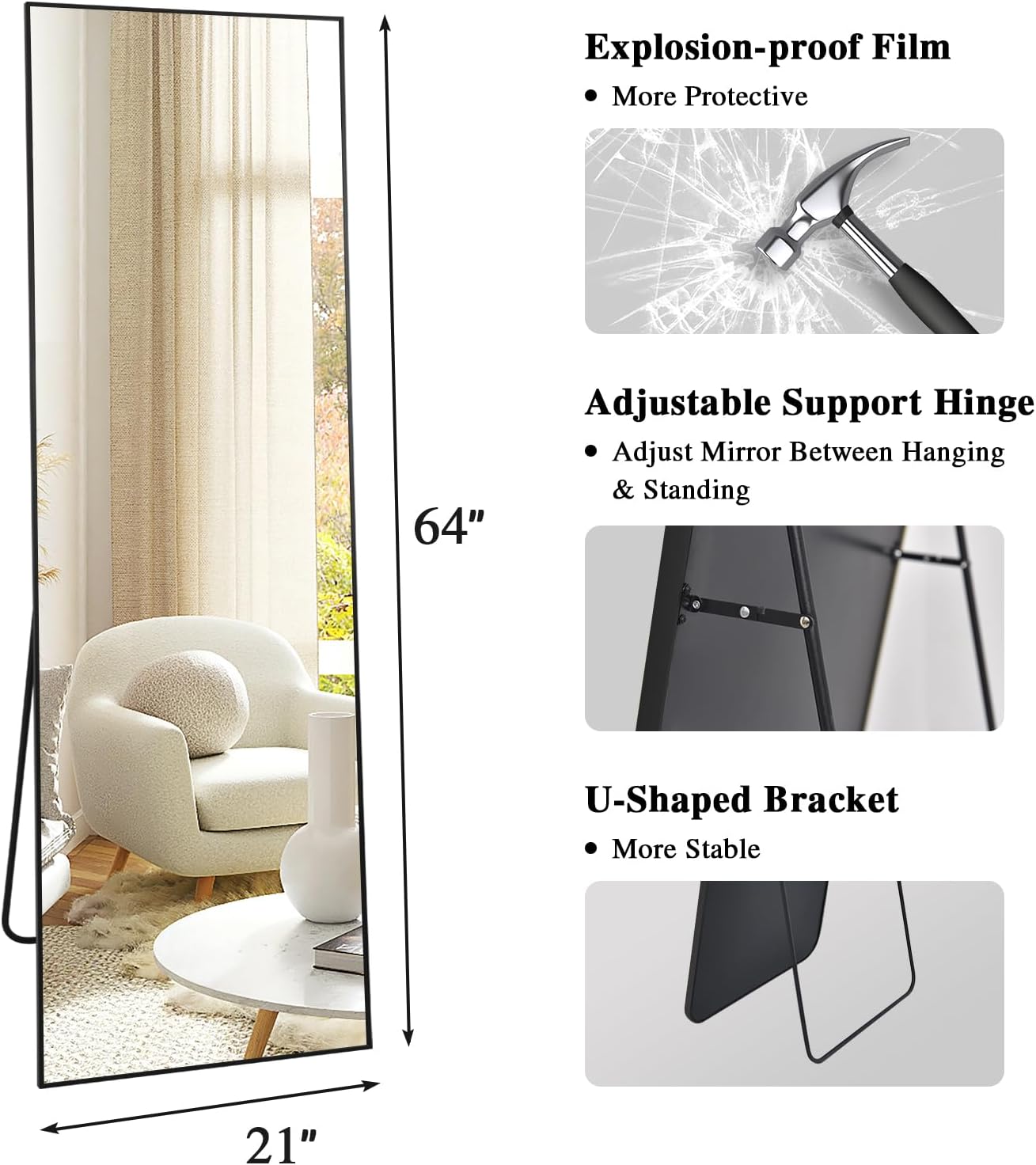 Lunamirror Specchio da Pavimento 52x161 CM, Nero - immagine 4