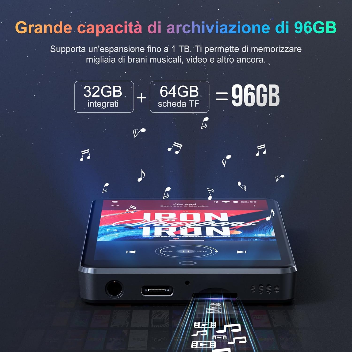 Lettore MP3 96GB con Bluetooth 5.0 e WiFi, Android 13 - immagine 3