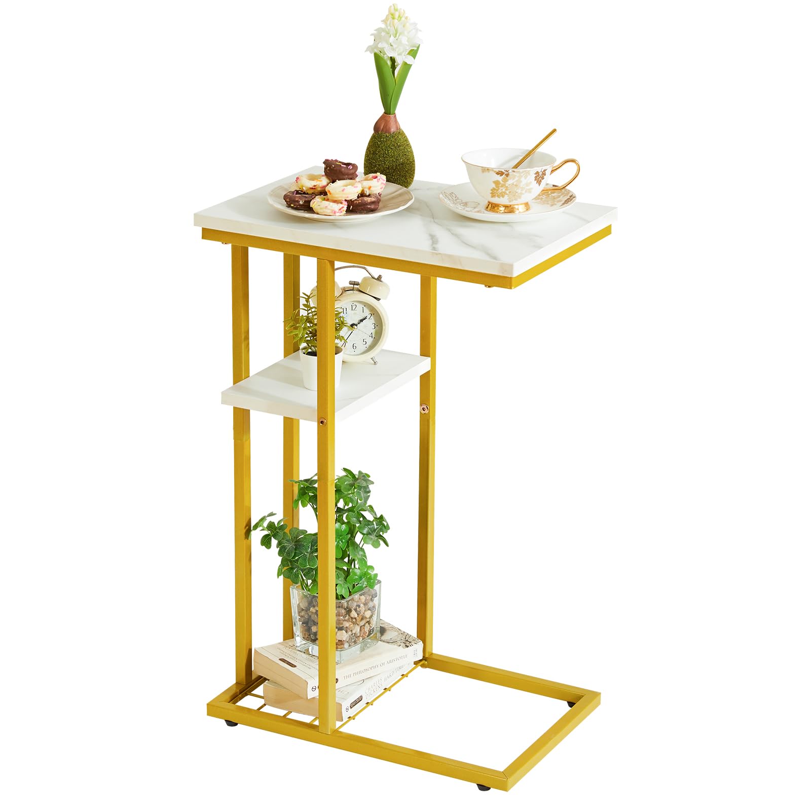 Ymyny Tavolino a C Rettangolare, Marmo Bianco e Oro