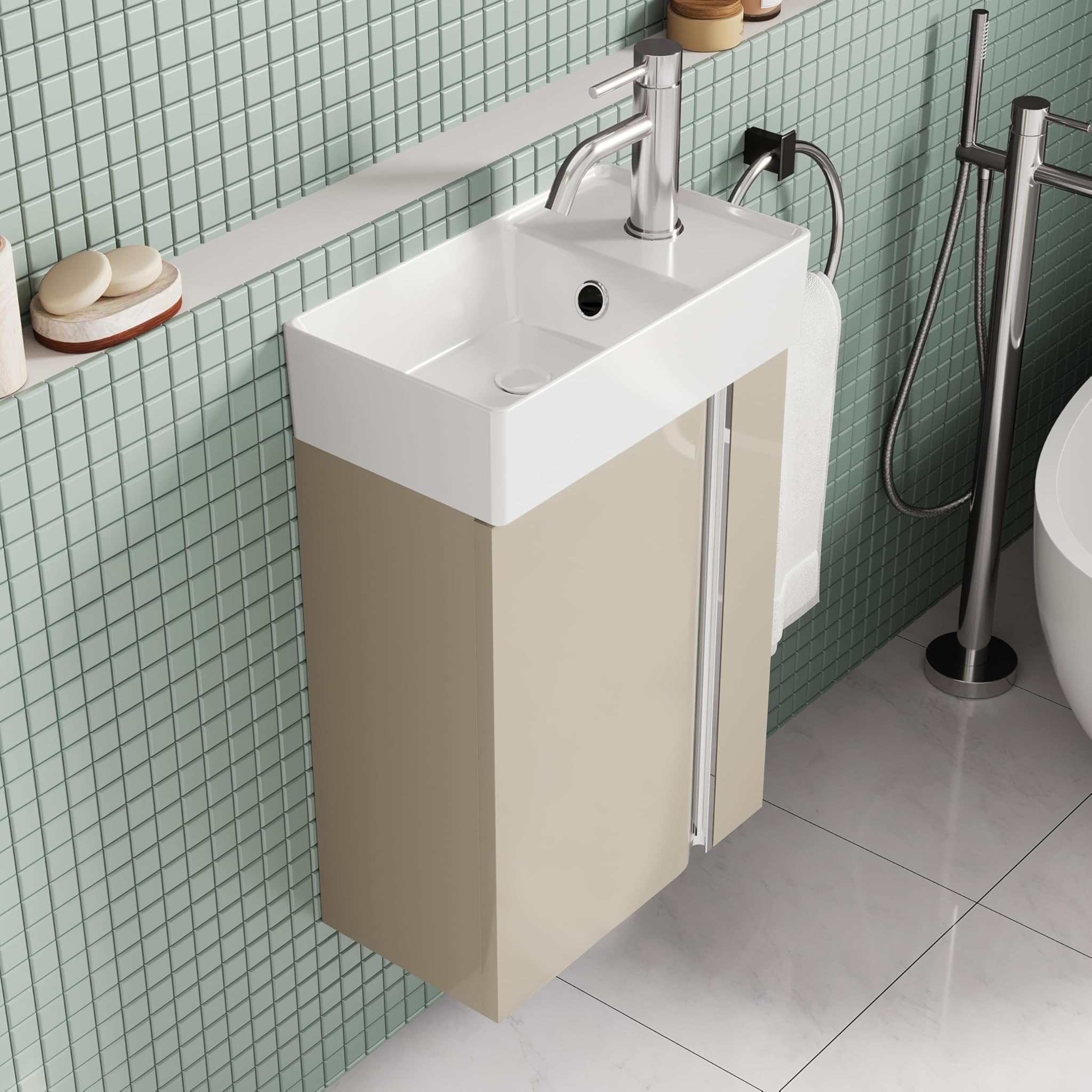 Mobiletto Bagno 40cm con Lavabo, Tortora Lucido