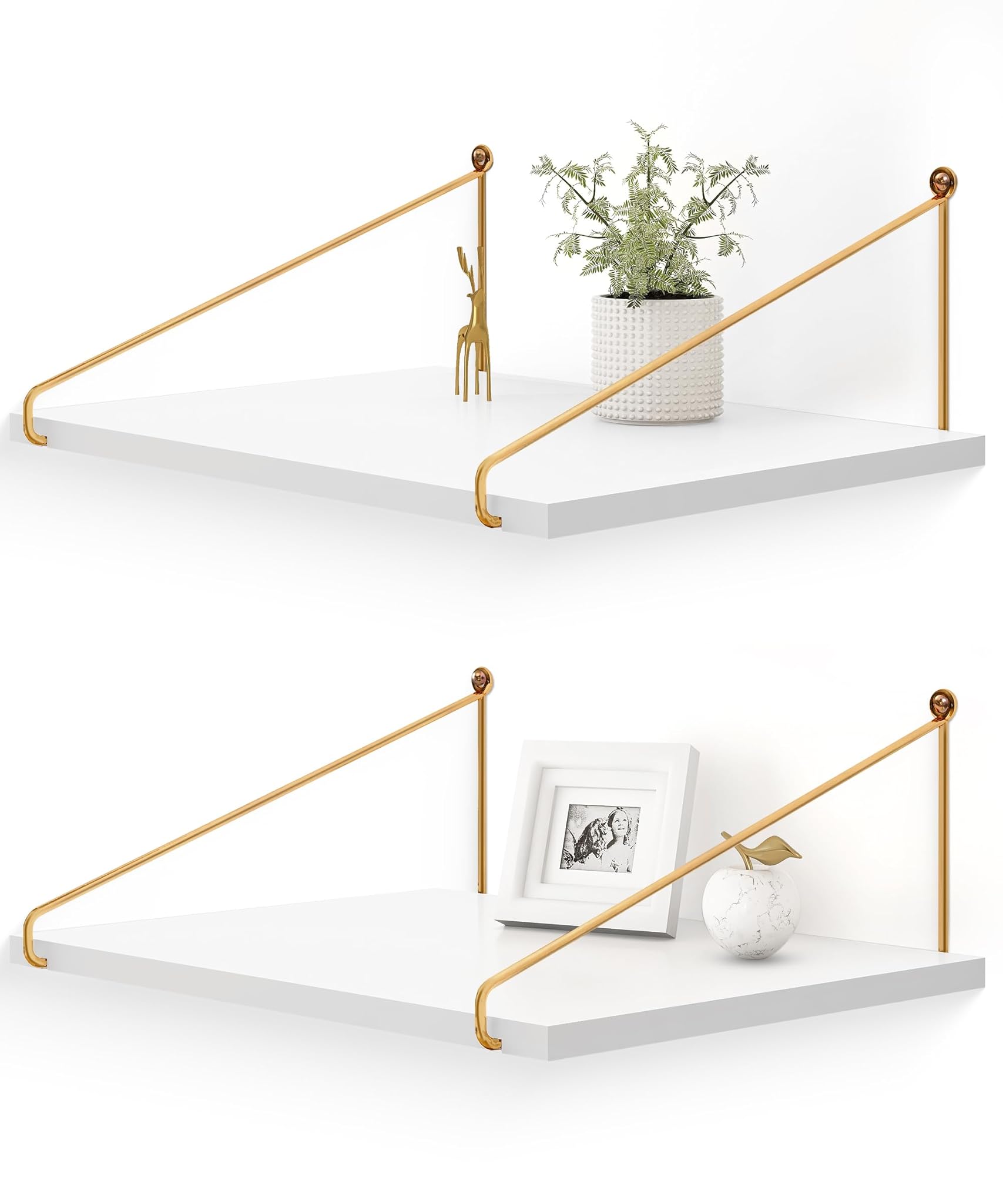 Afuly Mensole da Muro Legno Bianco Oro 42x30 cm, Set 2