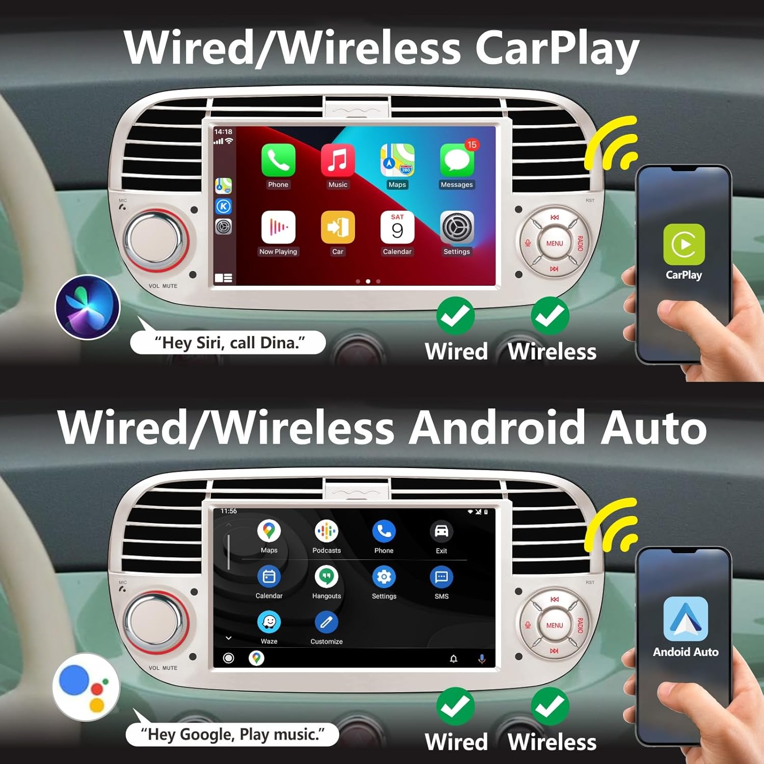 Aphrfamma Autoradio CarPlay Wireless per Fiat 500 - immagine 2