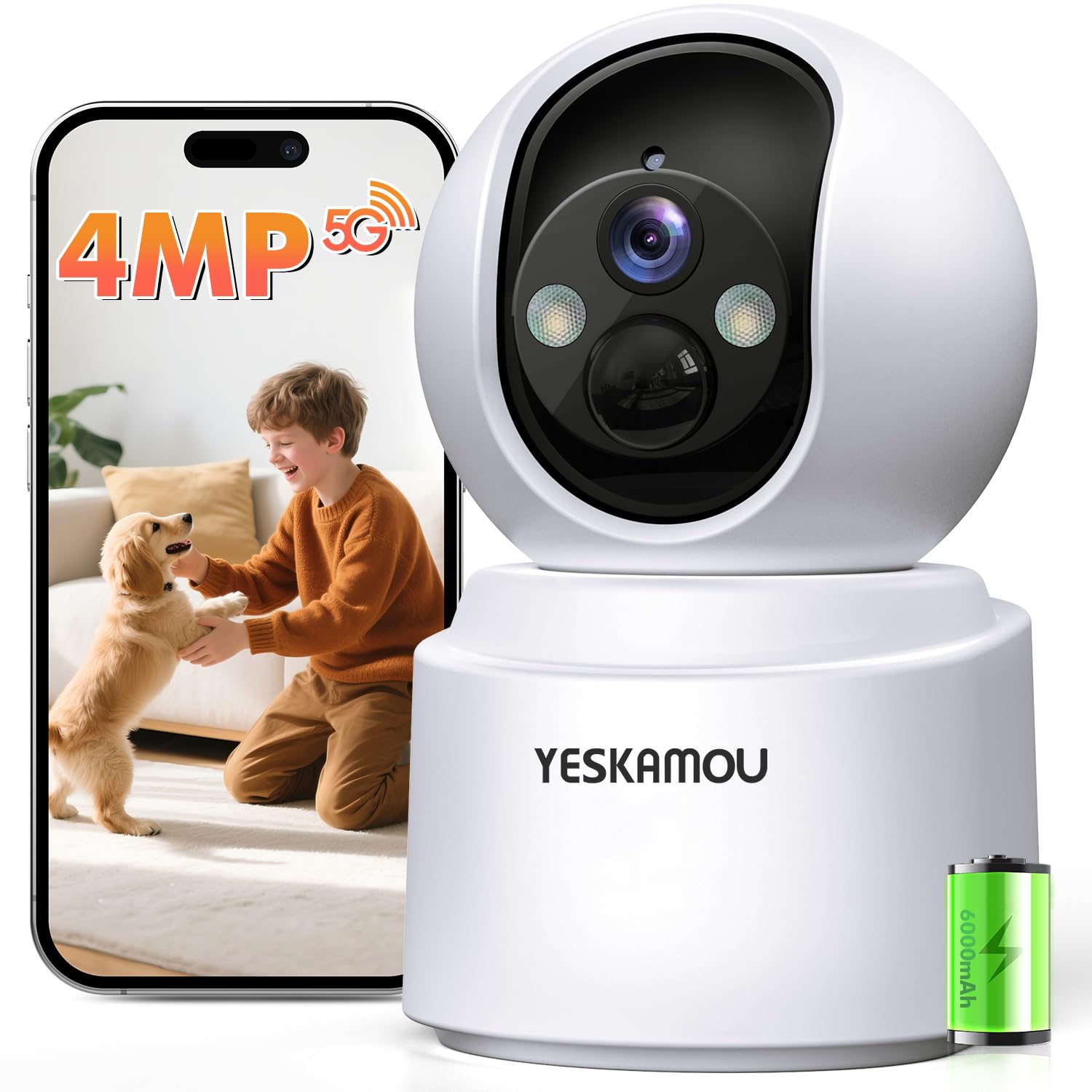 Telecamera WiFi Interno 4MP 2.5K con Batteria 6000mAh