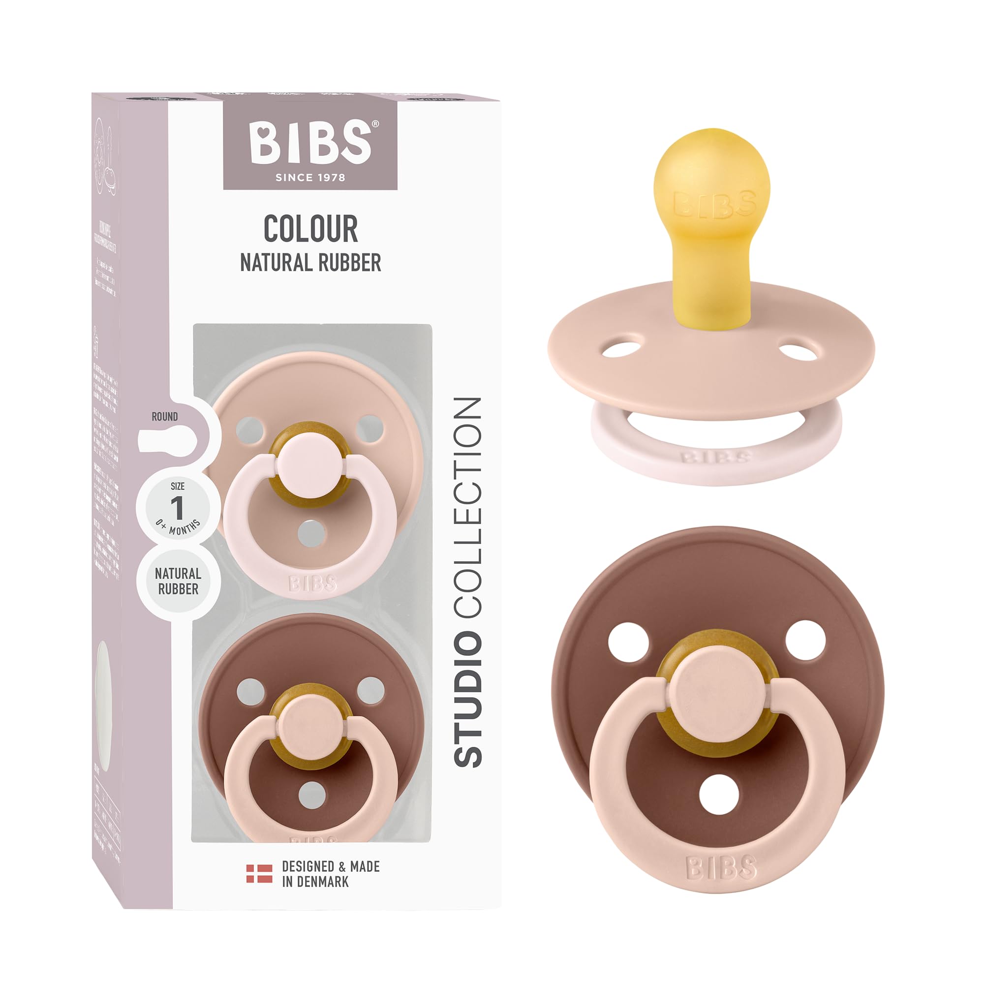 BIBS Colour Studio Ciuccio confezione da 2 pezzi. Privo di BPA, Tettarella tonda. Lattice di gomma naturale, Prodotto in Danimarca, Taglia 1 (0-6 mesi) - Blush/Woodchuck