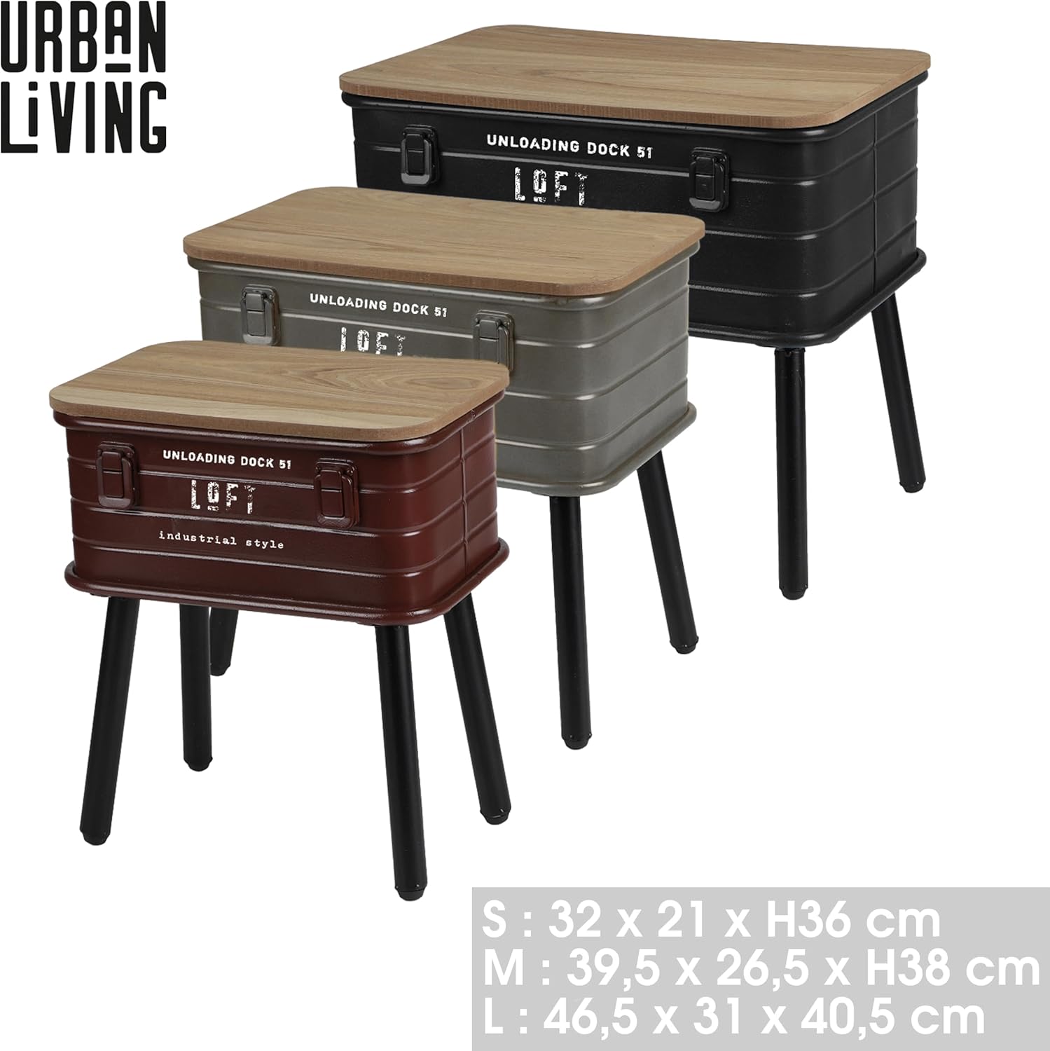 Urban Living Set 3 Tavolini in Metallo, Nero/Grigio/Marrone