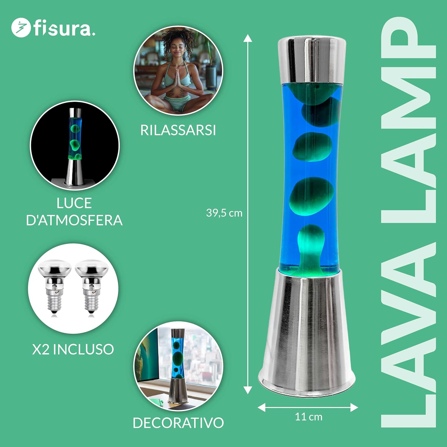 Lampada Lava Verde e Blu con Base Cromata - immagine 2
