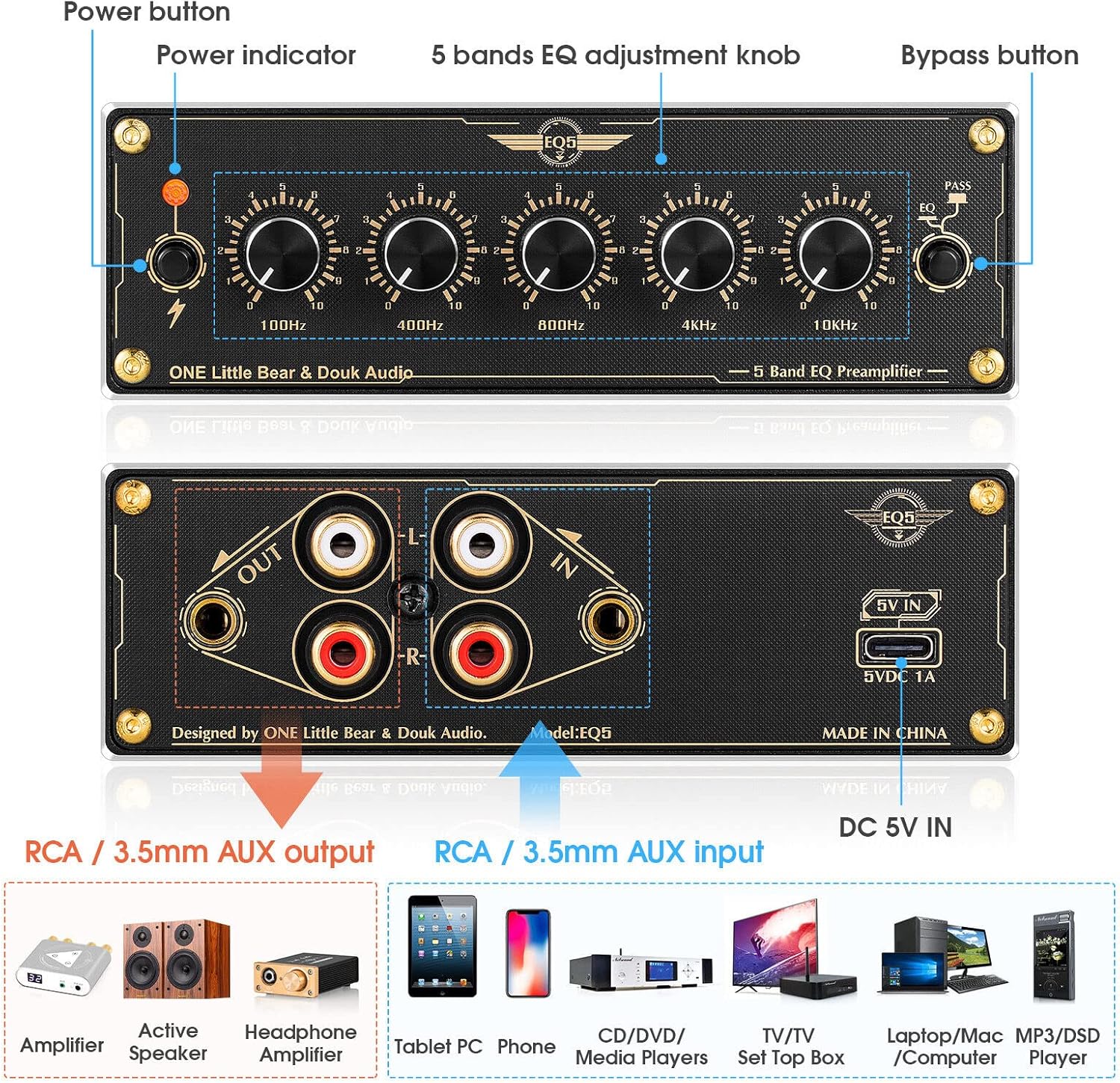 Douk Audio EQ5 Mini - Equalizzatore Preamp Stereo 5 Bande - immagine 5