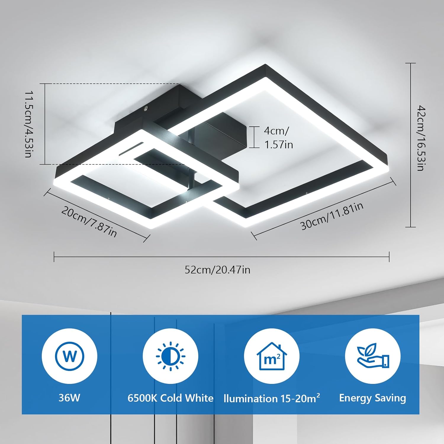 Delipop Plafoniera Led Soffitto Quadrata 36W 6500K, Nera - immagine 4