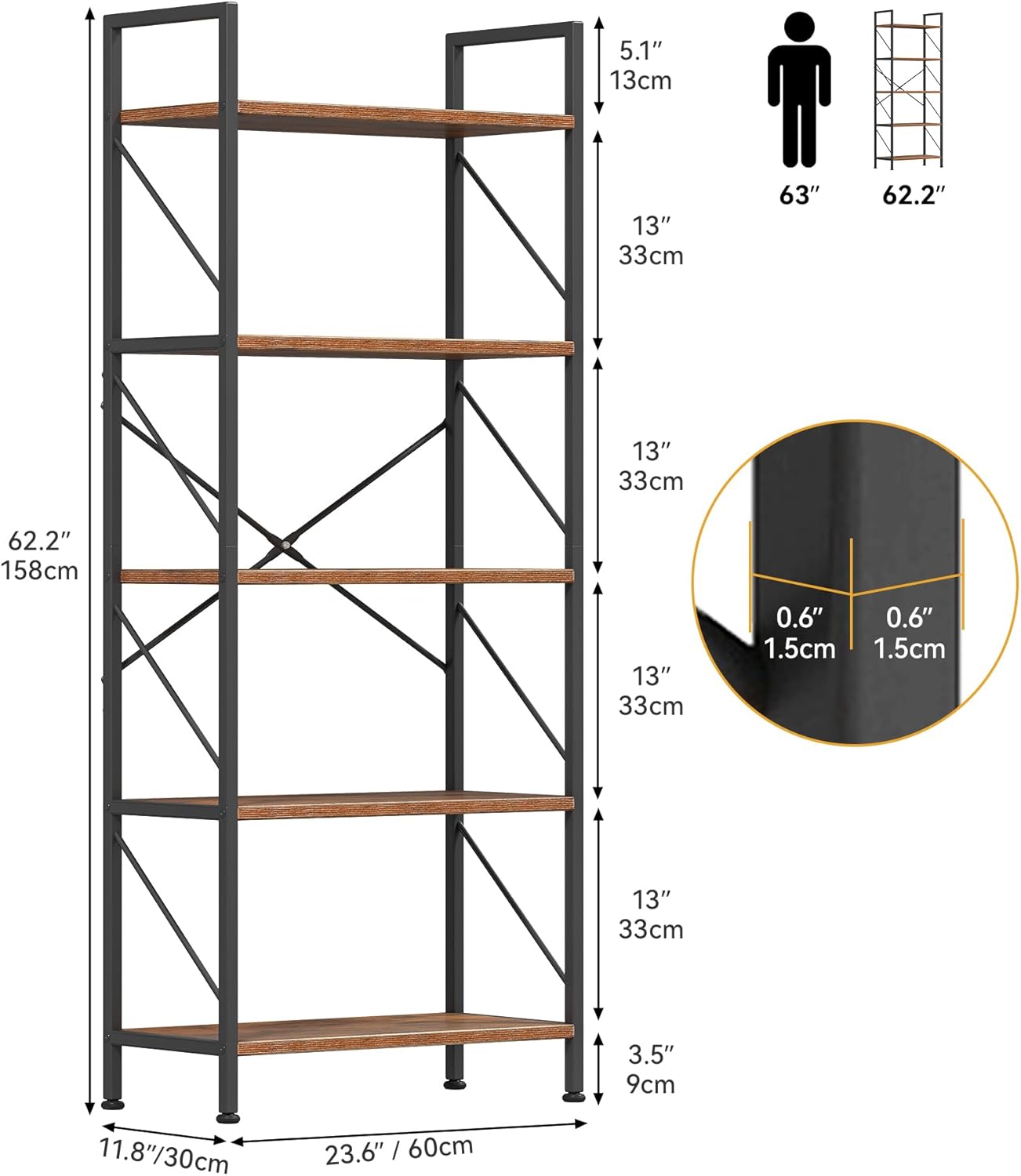 Dwvo Scaffale per libri a 5 ripiani, Marrone Rustico - immagine 2