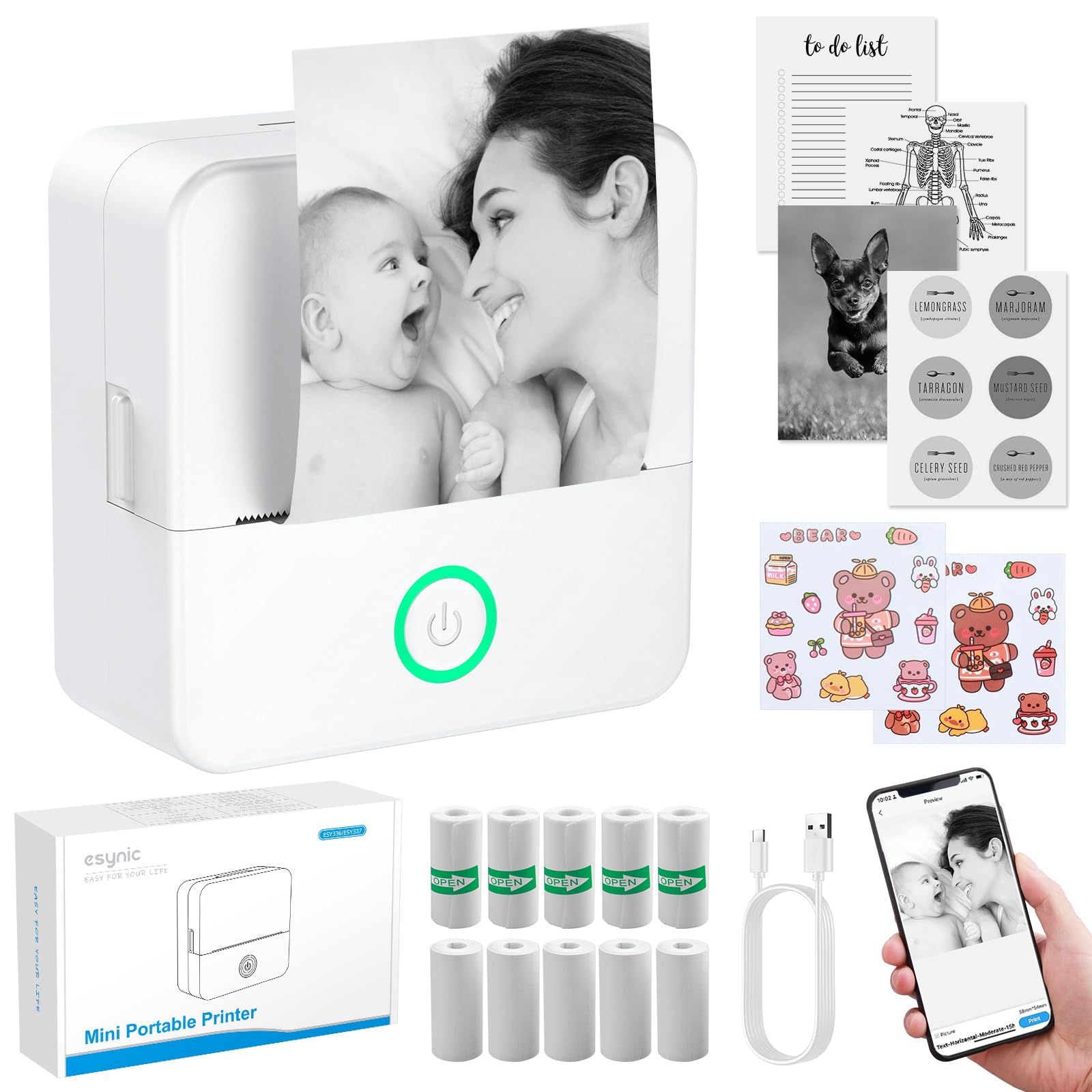 eSynic Mini Stampante Termica Bluetooth Ricarica Type-C per Android iOS, Stampante Fotografica Portatile Immagini Bianco e Nero + 10 Rotoli di Carta Termica e Carta Adesiva, Stampa Foto dal Cellulare