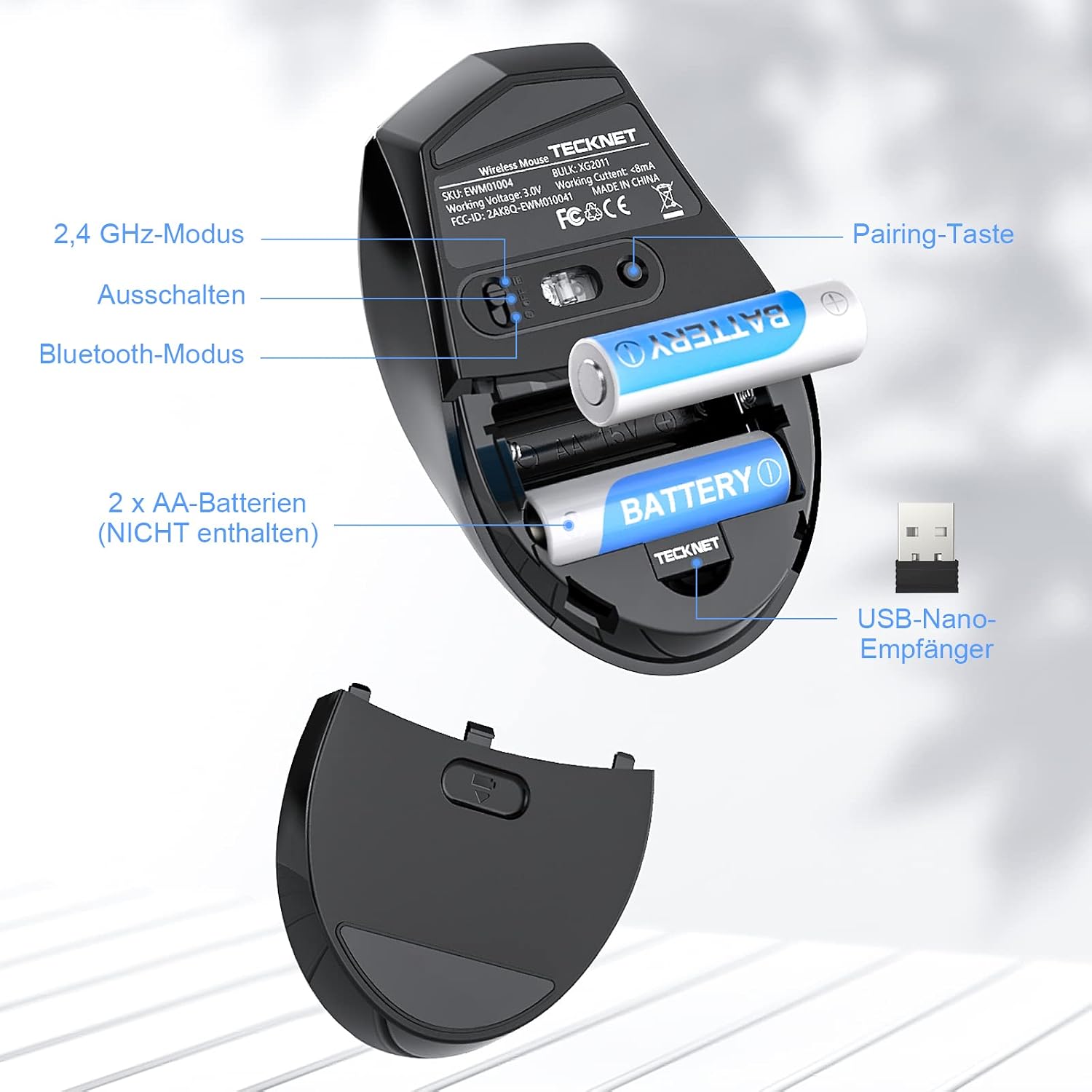 TECKNET Mouse Bluetooth, 4800 DPI senza fili (Tri-modalità: BT 5.0/3.0 ...