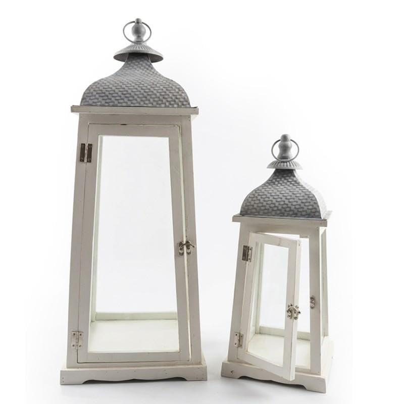 Set di 2 lanterne in legno e parte superiore in metallo bianco 73x24x24 cm