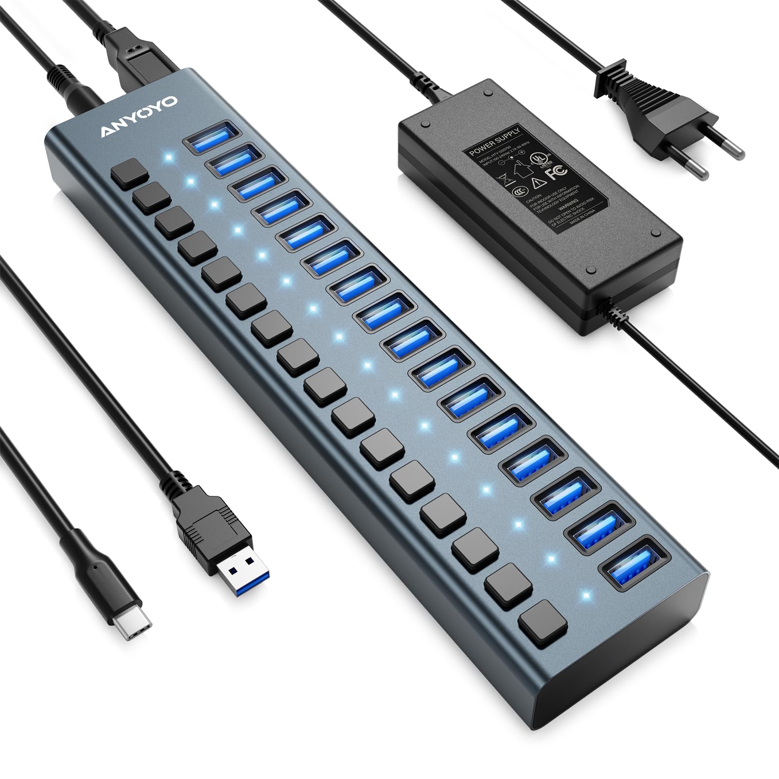 Hub USB Alimentato 90W (12V/7.5A) - Multiport USB 3.1 con 16 porte A 10Gbps,ANYOYO multipresa usb per Laptop e PC,Dispositivi di Archiviazione- Alluminio
