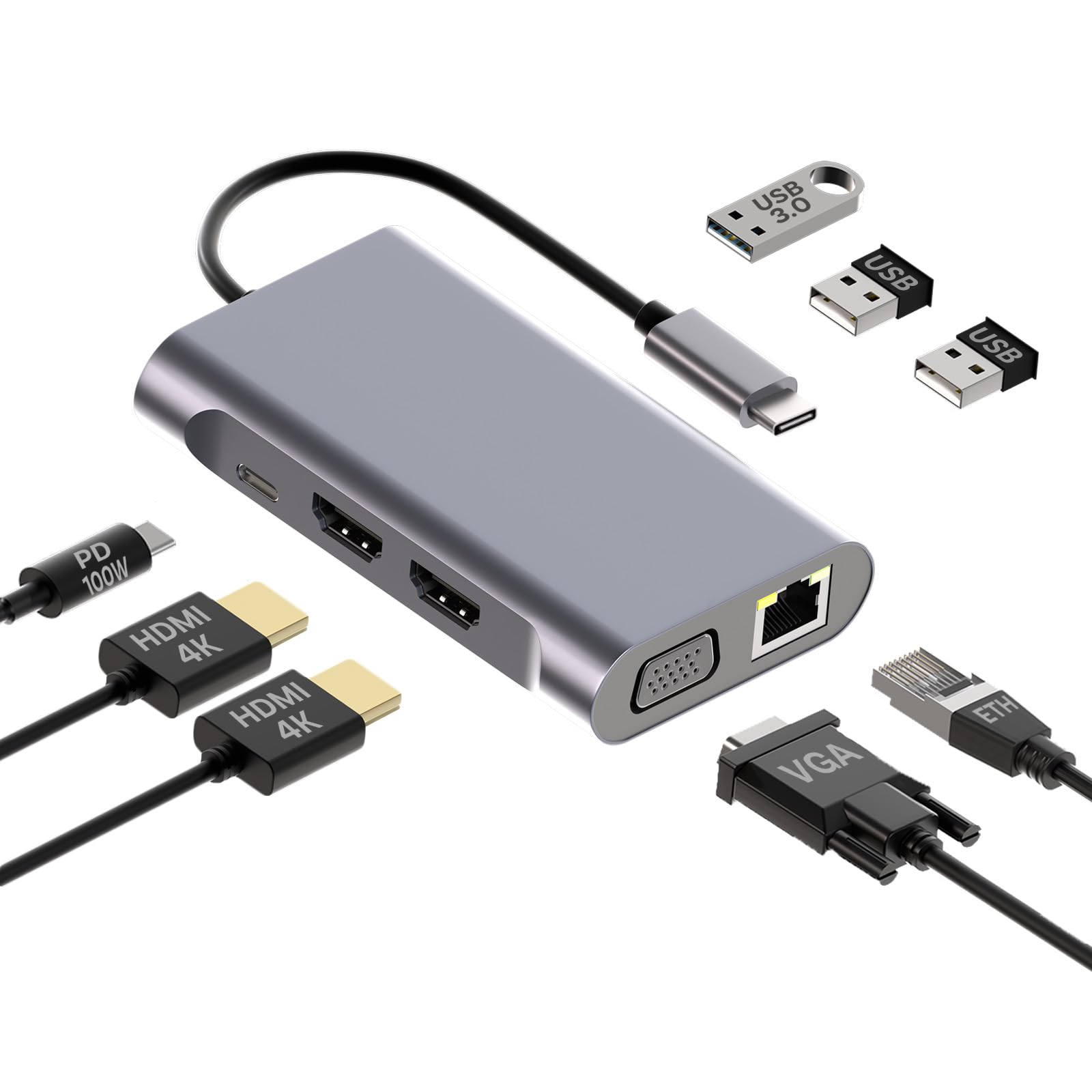 Mmobiel Hub USB-C 8-in-1 a Doppio HDMI, Alluminio