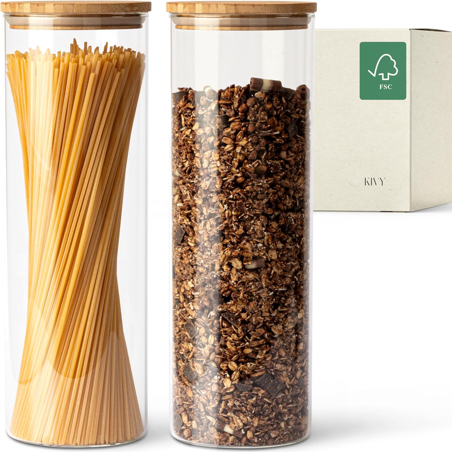 Set 2 Porta Pasta di Vetro 1800ml con Coperchio Bambù - immagine 1