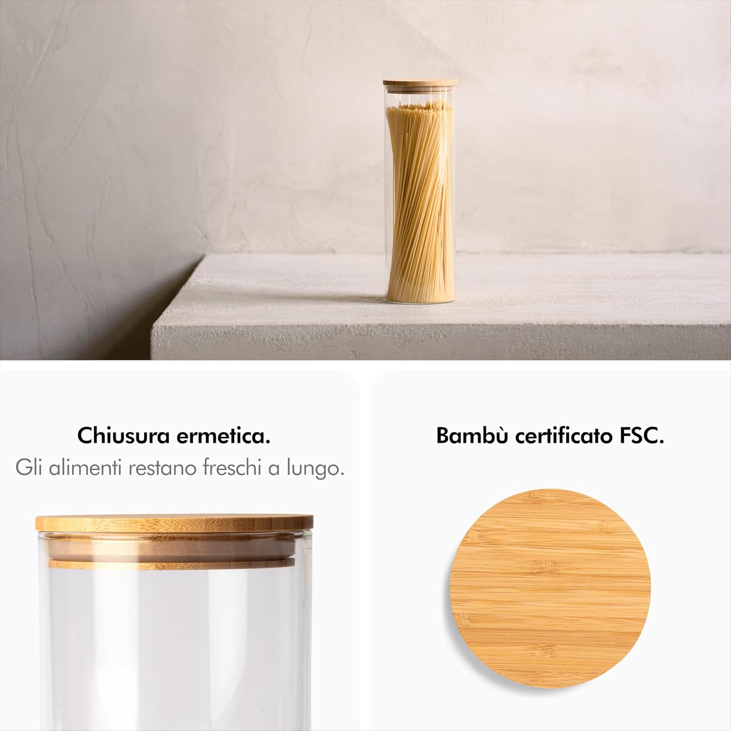 Set 2 Porta Pasta di Vetro 1800ml con Coperchio Bambù - immagine 2
