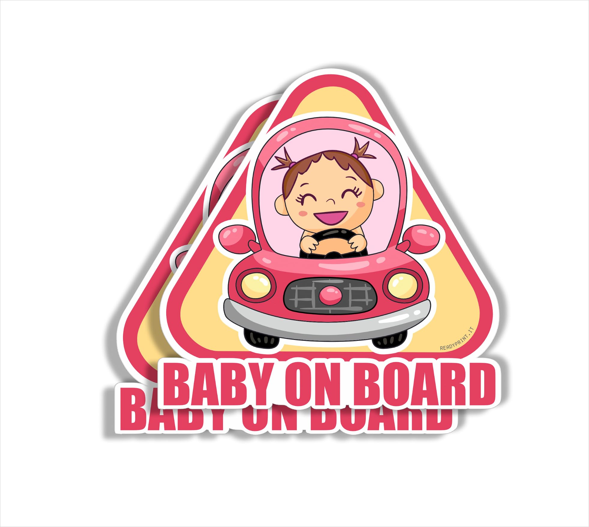 Adesivi BABY ON BOARD, colore Rosa, avviso bimbo a bordo per auto, misura: 12x12 cm, in vinile, impermeabile, anti graffio, anti UV, 2 pz.