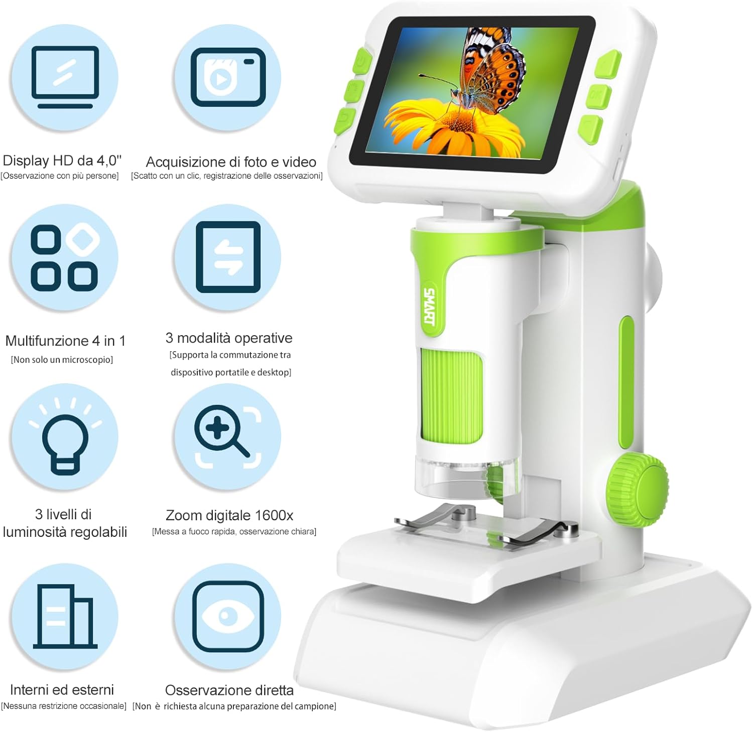 Microscopio Digitale Portatile 1600X 4,0" IPS, Verde - immagine 2