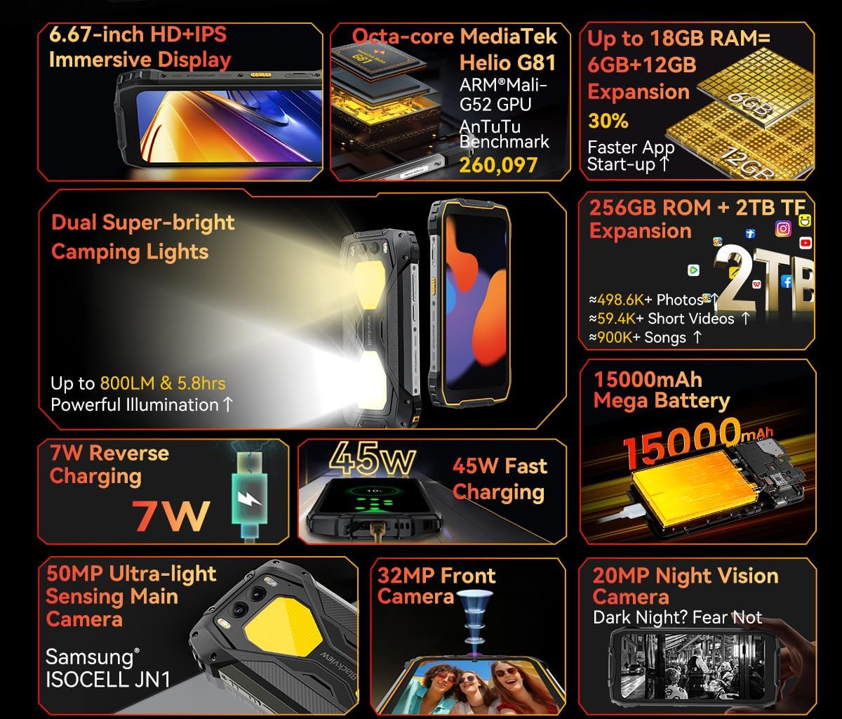 Blackview BV7300 Smartphone Rugged 15000mAh, Nero - immagine 2