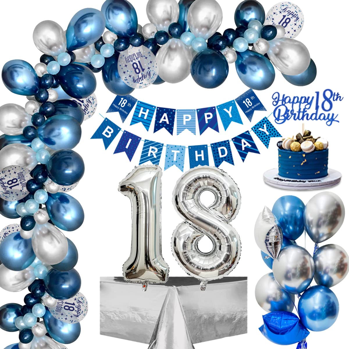 Palloncini 18 Anni Compleanno con Striscione, Blu Argento