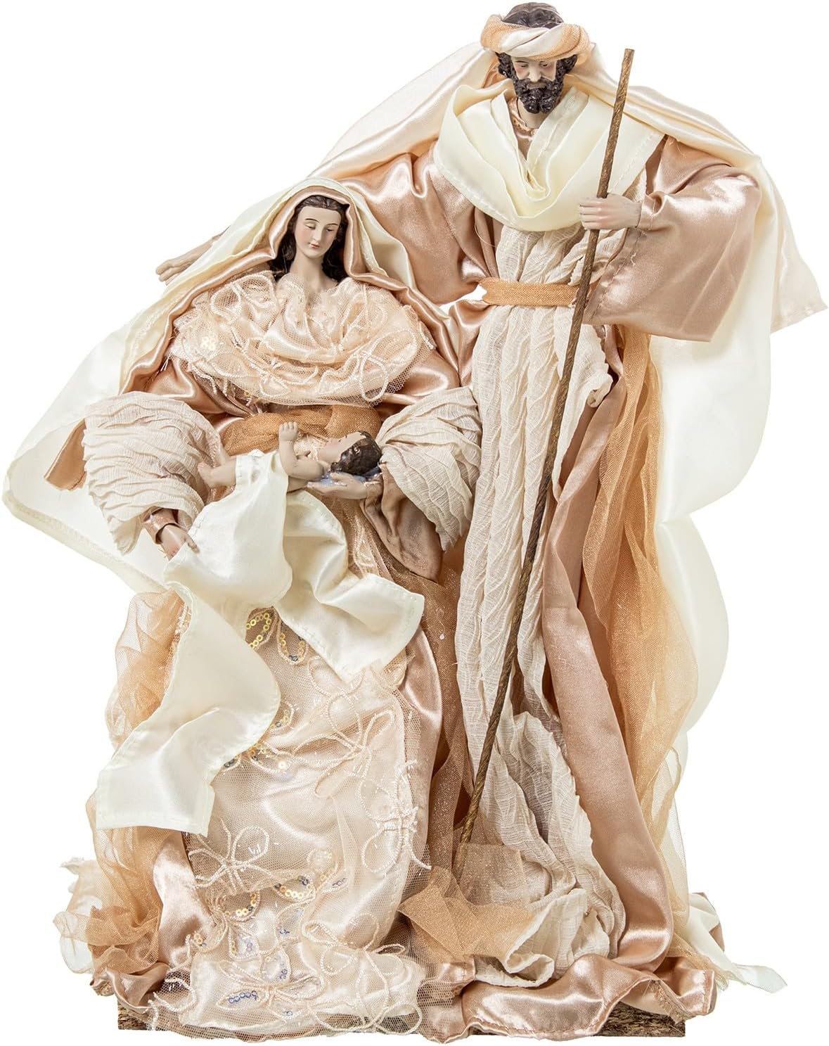 Sagrada Famiglia in Resina e Abito in Tessuto Bianco e Beige 15x43x35 cm