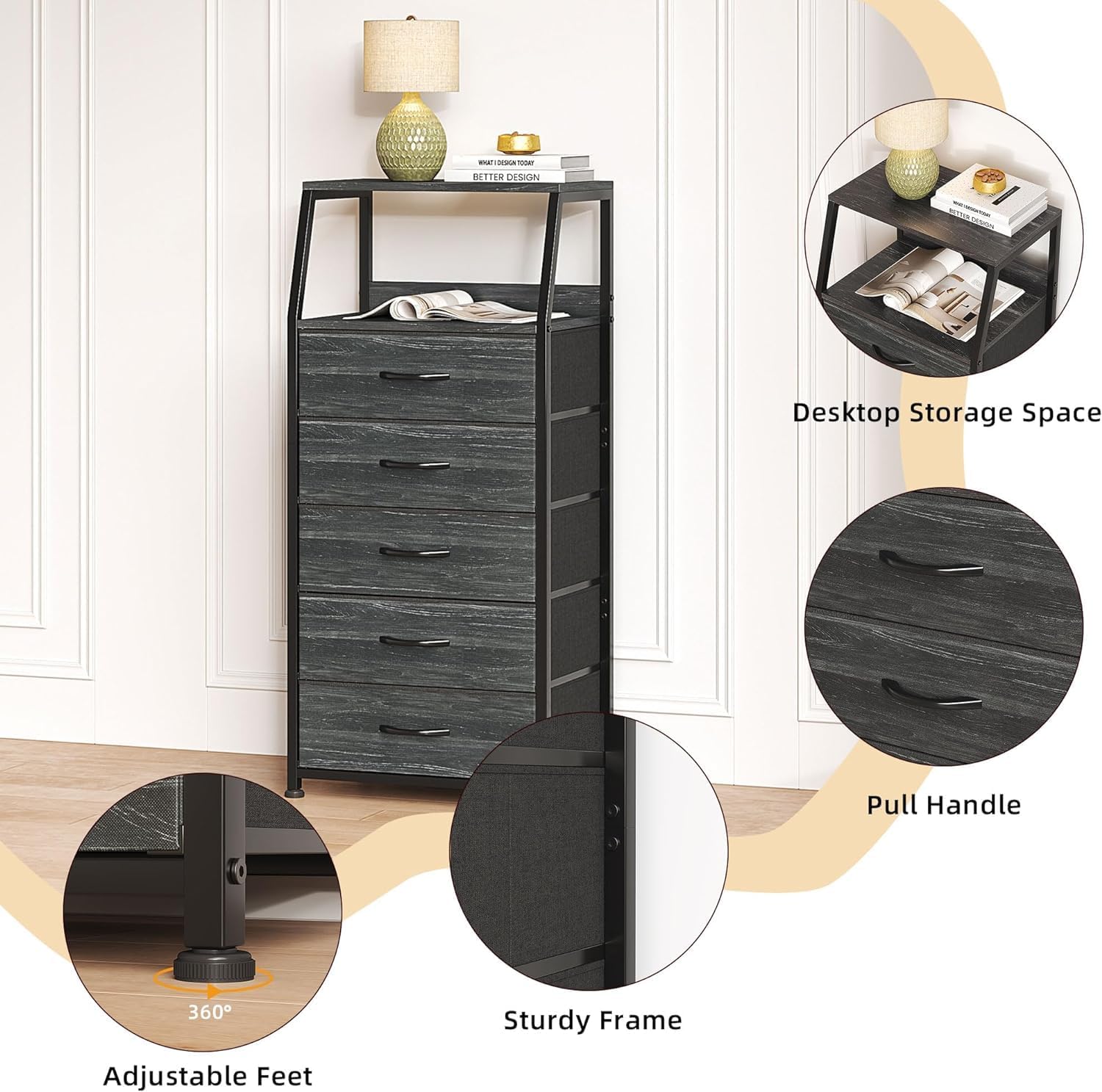 Caiyun Comodino con 5 Cassetti - immagine 5