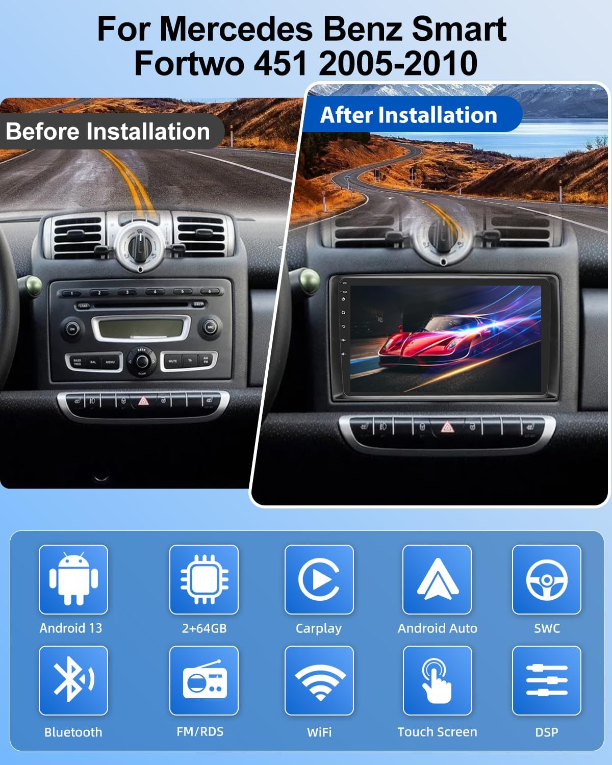 Nhopeew Autoradio Android per Benz Smart Fortwo 451 (2005-2010) - immagine 2