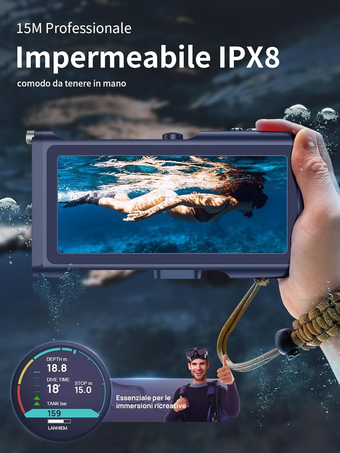 Lanhiem Custodia Impermeabile Subacquea IP68 15M, Blu - immagine 2