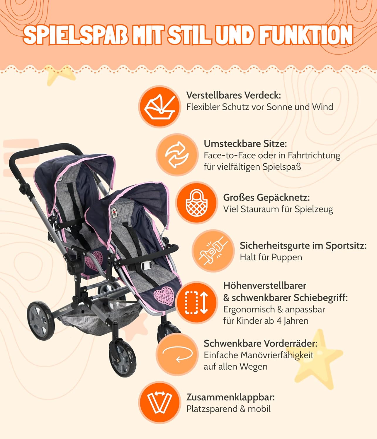 Bayer Chic 2000 Passeggino Gemellare Linus Duo, Corallo - immagine 6