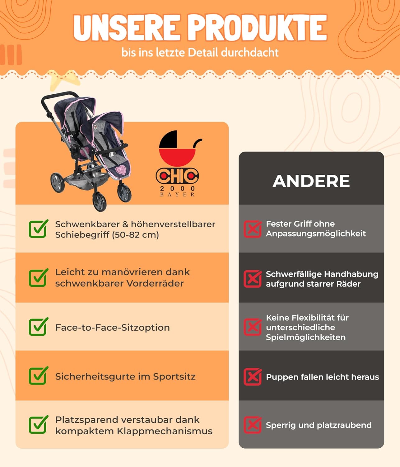 Bayer Chic 2000 Passeggino Gemellare Linus Duo, Corallo - immagine 8