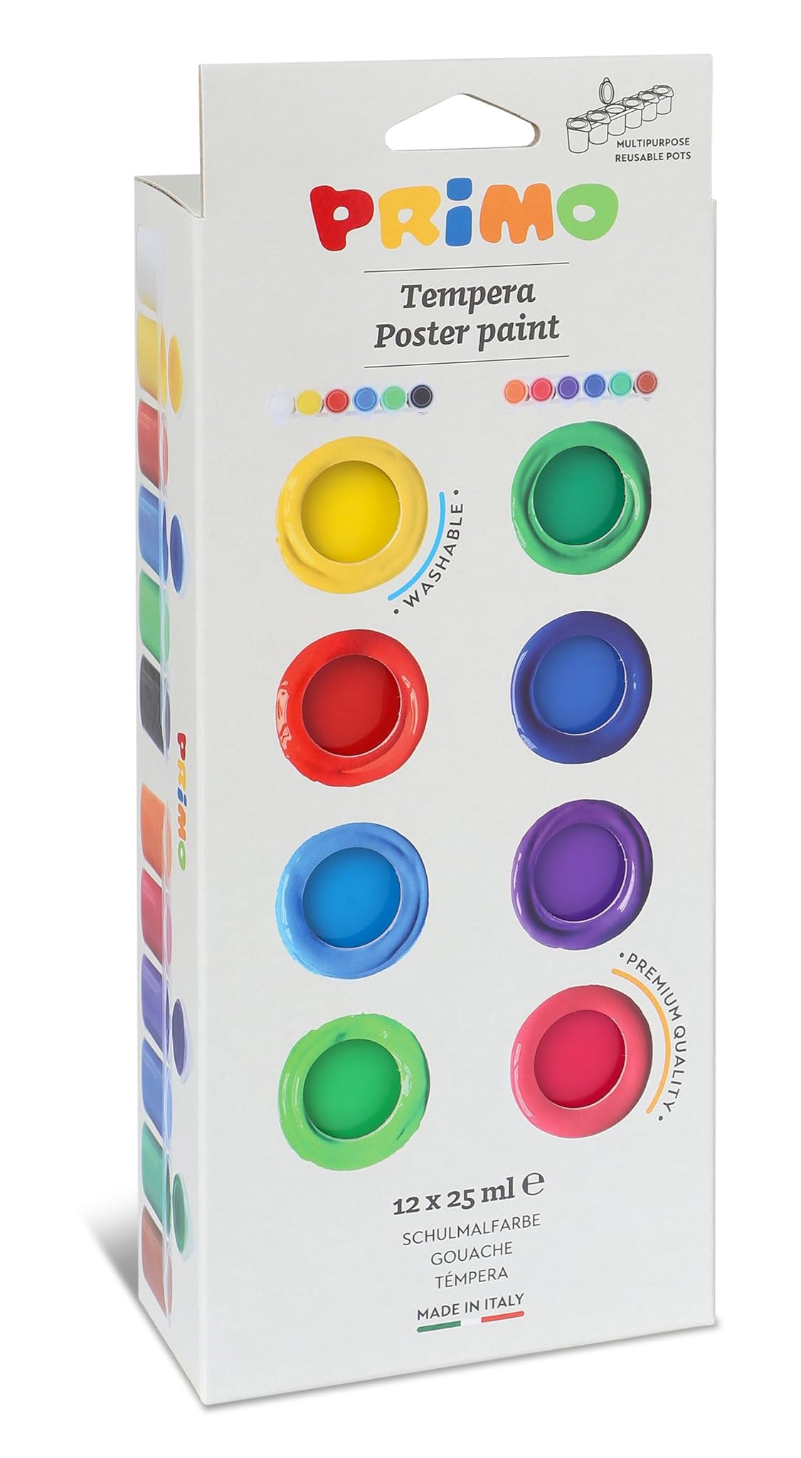 PRIMO-Tempere Lavabili per Bambini+3 Anni,12 Colori per Bambini 25ml in Vasetto Validi per Tessuti e Lavoretti Creativi-Pittura per Tessuti, Carta e Vetro, Colori a Tempera Brillanti e Coprenti