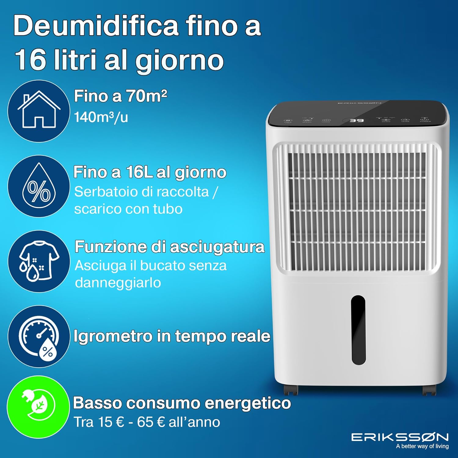 Erikssøn - Deumidificatore Elettrico 16 Litri per Casa - immagine 2