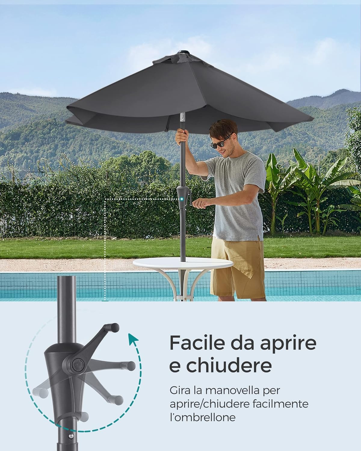 Songmics Ombrellone da Giardino 210 cm UPF 50+, Grigio - immagine 3