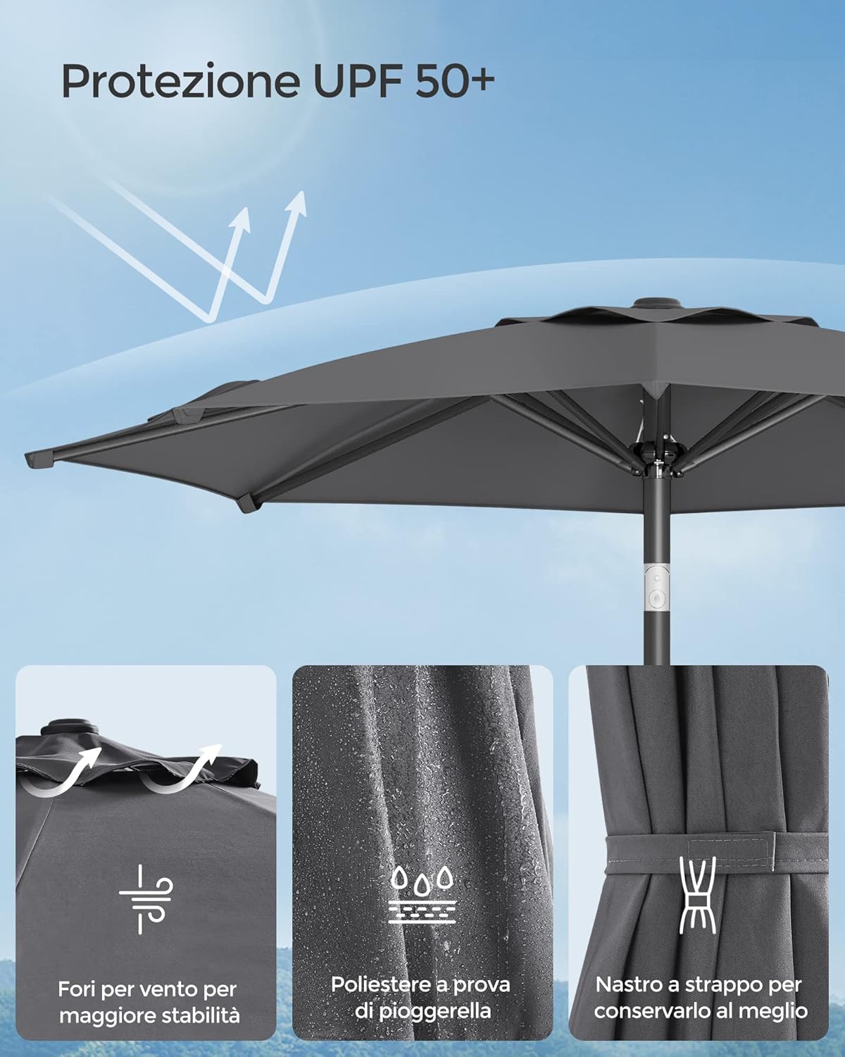 Songmics Ombrellone da Giardino 210 cm UPF 50+, Grigio - immagine 5