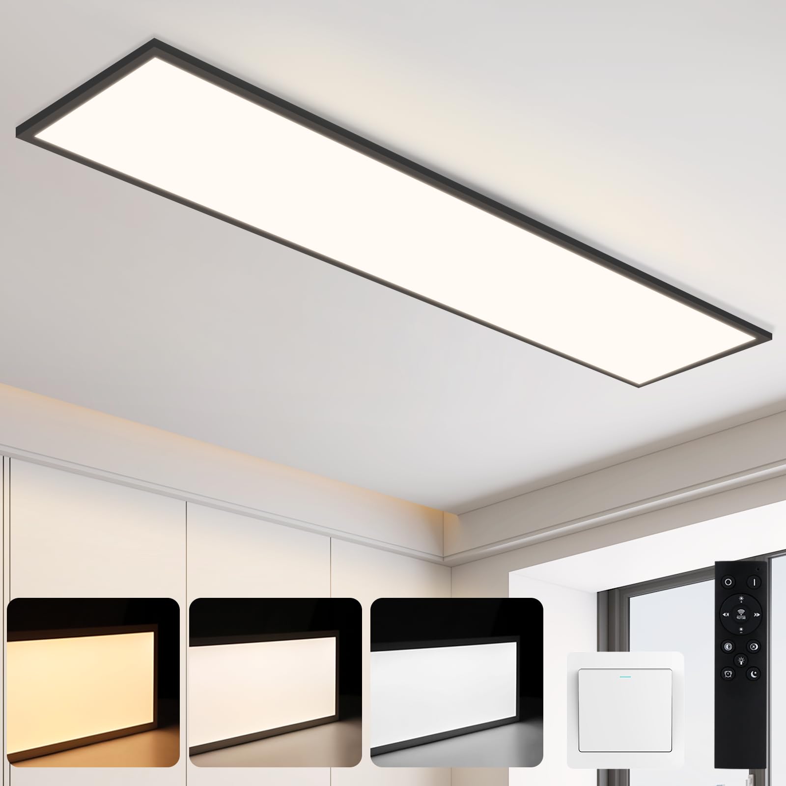 Panel LED Negro Lámpara de Techo Regulable 120x30CM 48W