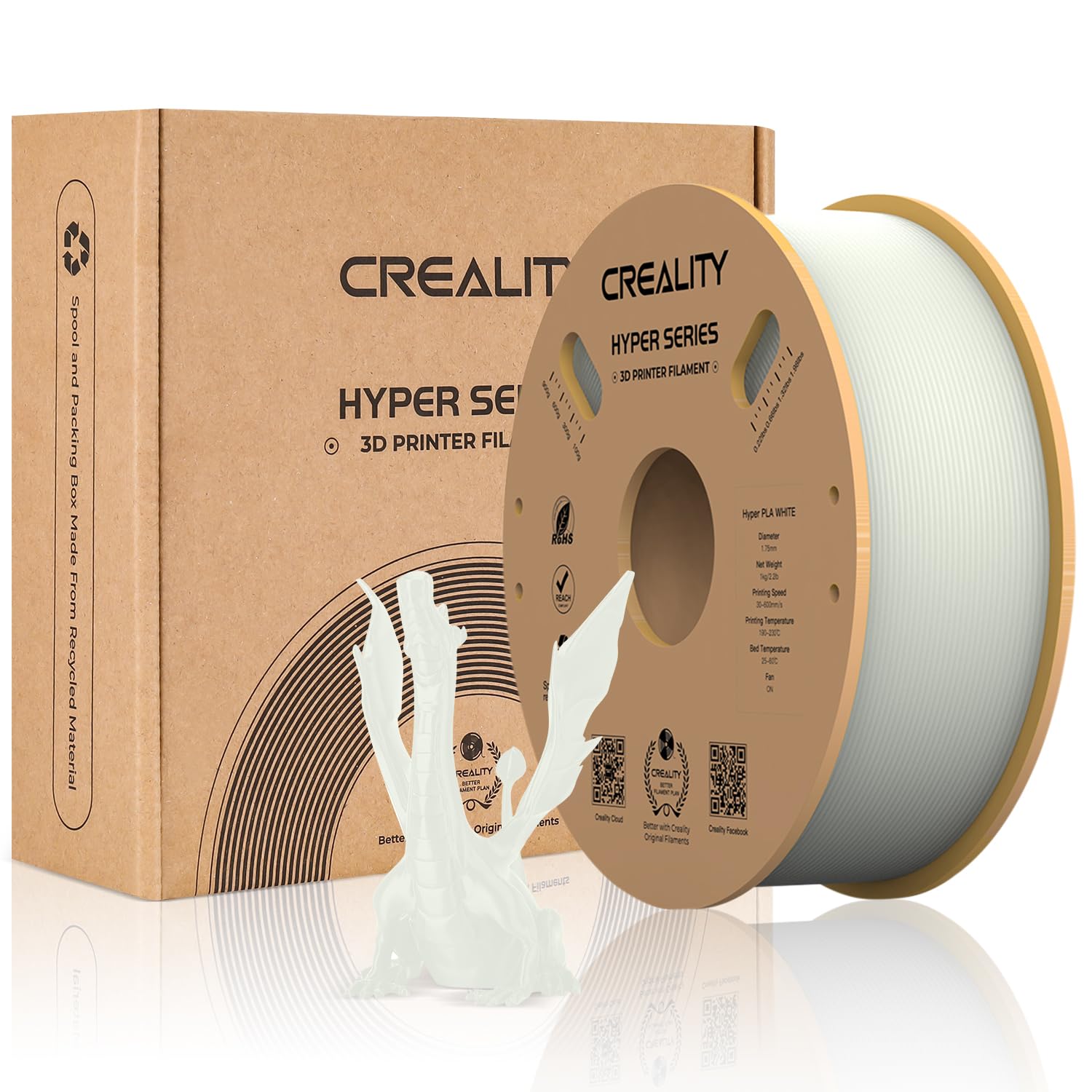 ufficiale Creality Filamento PLA Hyper Series PLA Super Velocità di stampa 30-600 mm/s 1,75 mm Bobina da 1 kg, filamento per stampa 3D per stampanti 3D - Bianco