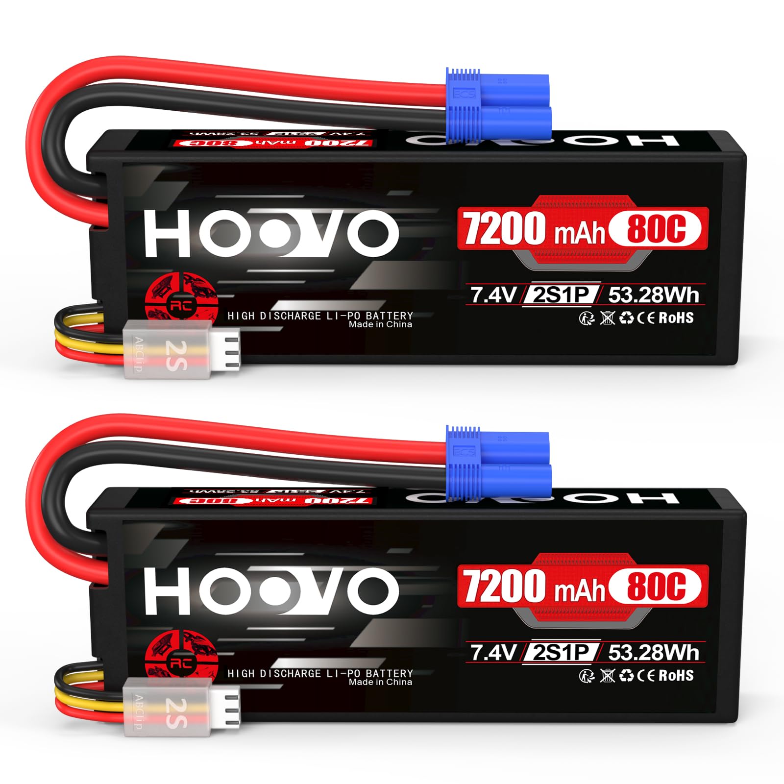 Hoovo 2S LiPo Batteria 7.4V 7200mAh 80C EC5 (2 Confezioni)