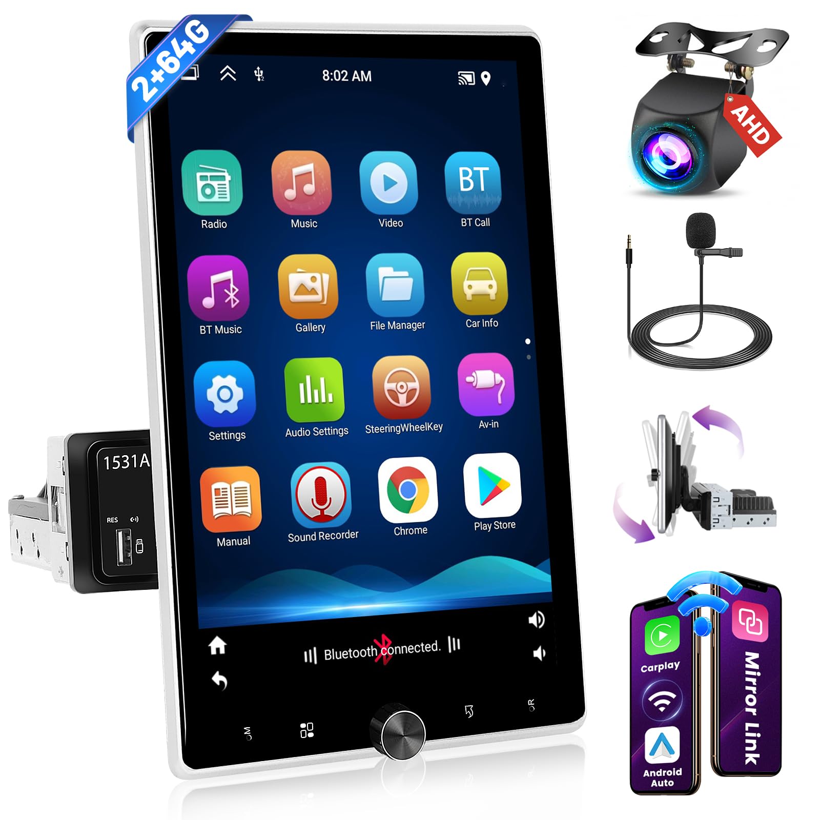 Inefala Android 13 Autoradio 1 DIN CarPlay 10.4" Rotante